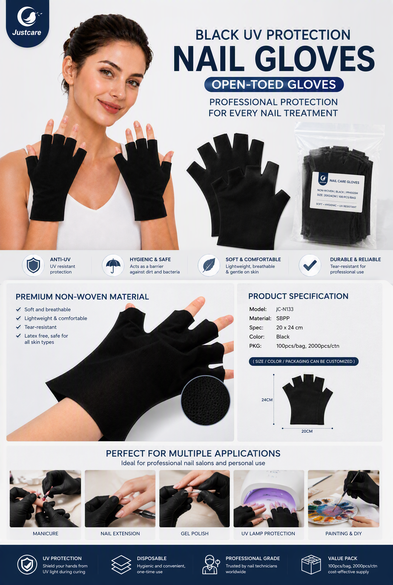 Black UV Protection Nail Gloves Open-toed Gloves detail