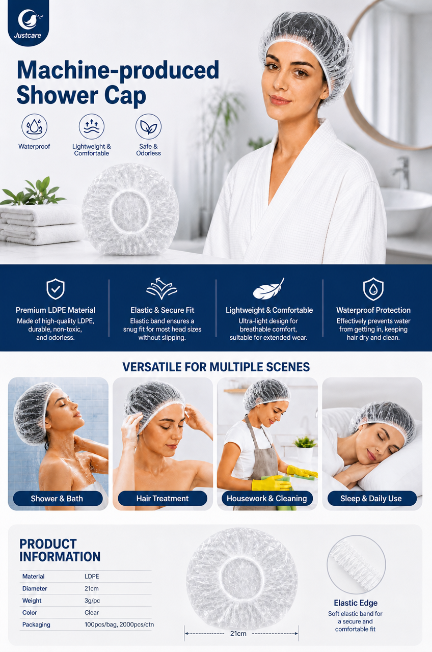 justcare‑ldpe‑shower‑cap‑main‑infographic‑specs