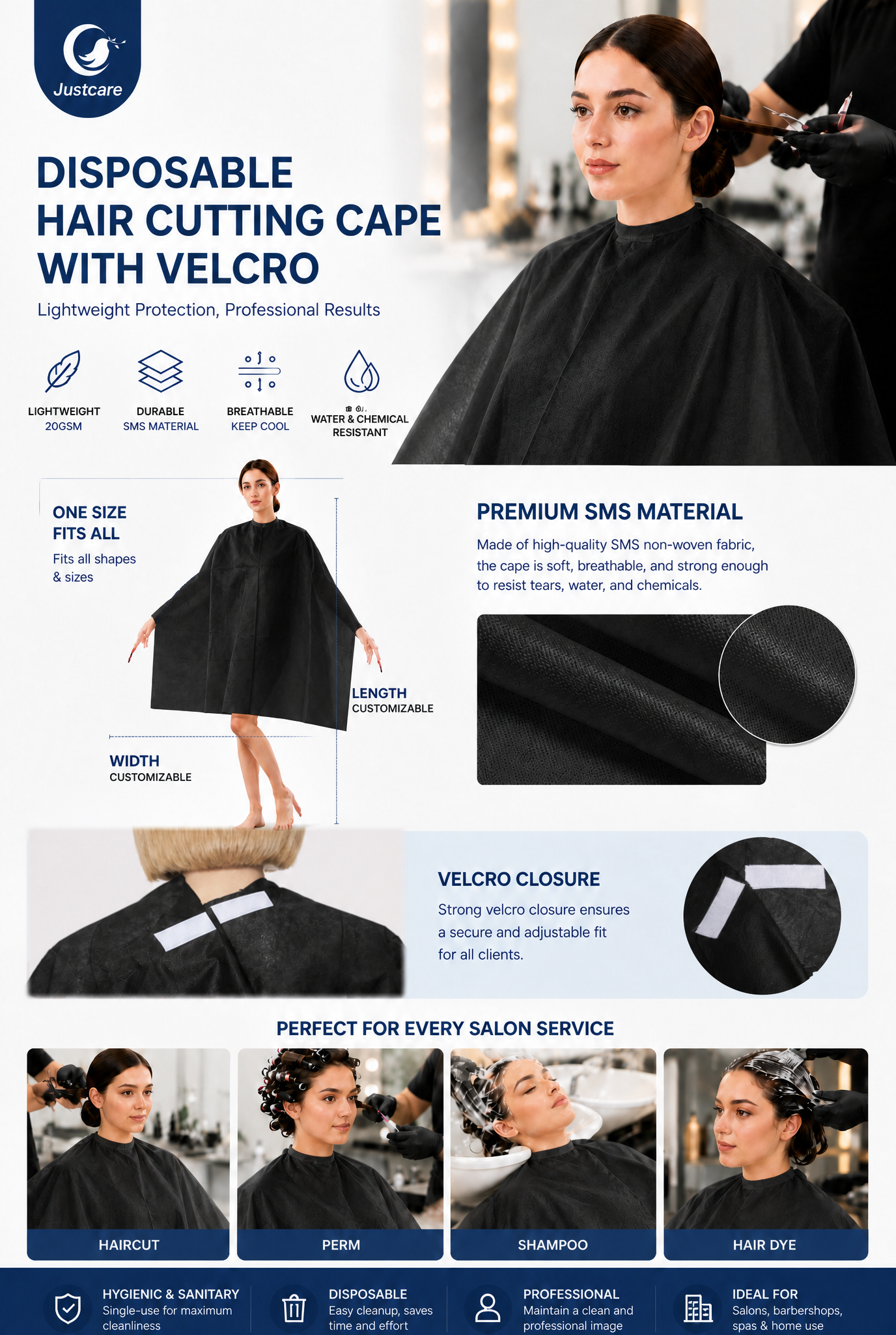 Capa de corte de pelo desechable con velcro negro