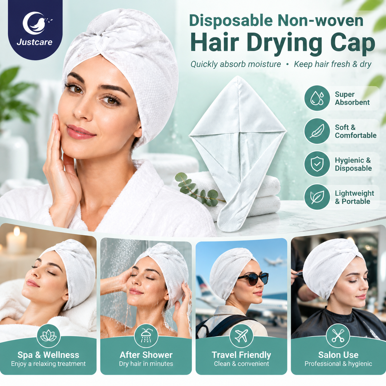 Justcare disposable hair drying cap infographic, features and multi scenarios: spa, shower, travel, salon