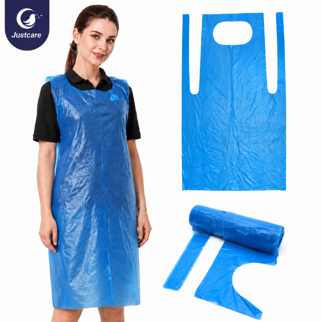 Justcare Disposable PE Apron Roll carton and roll product photo on white background