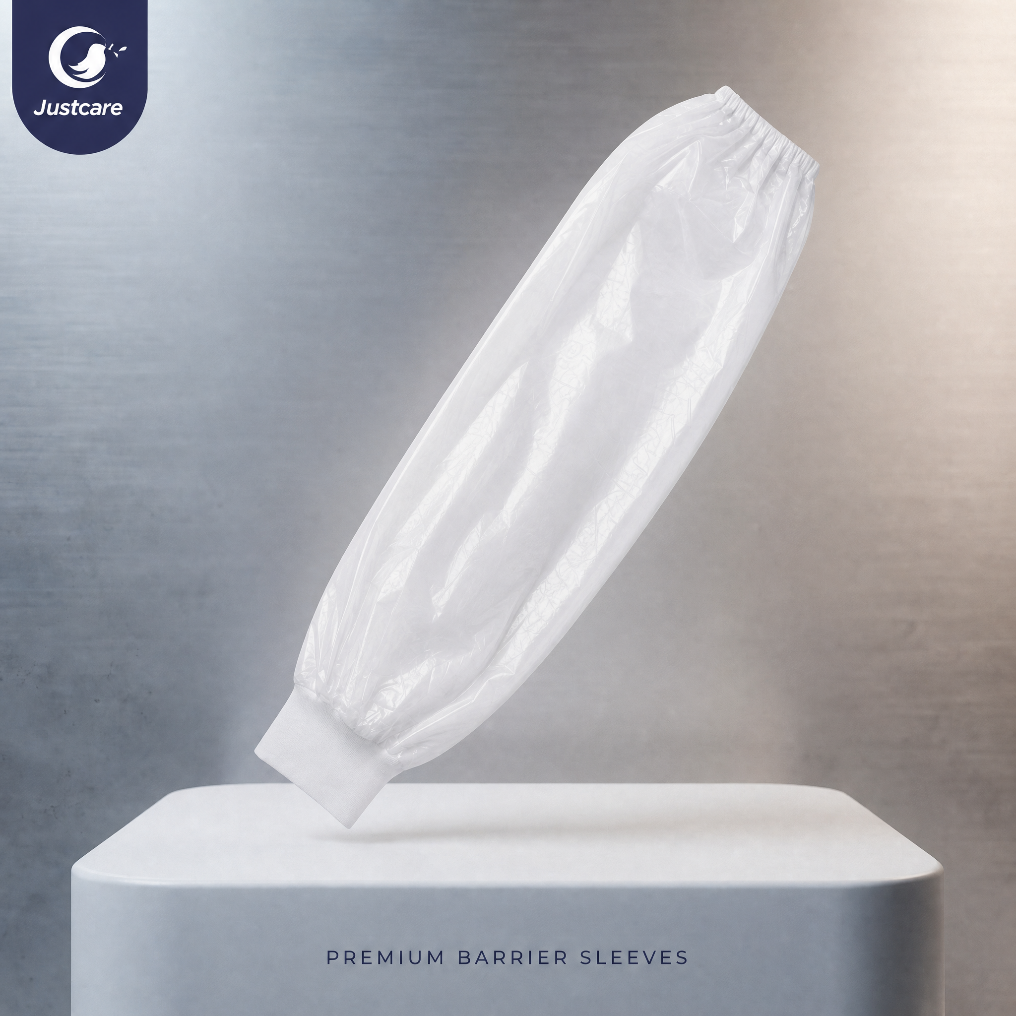 Justcare disposable PP+PE sleeve cover, white premium barrier protective oversleeve, studio still‑life product shot