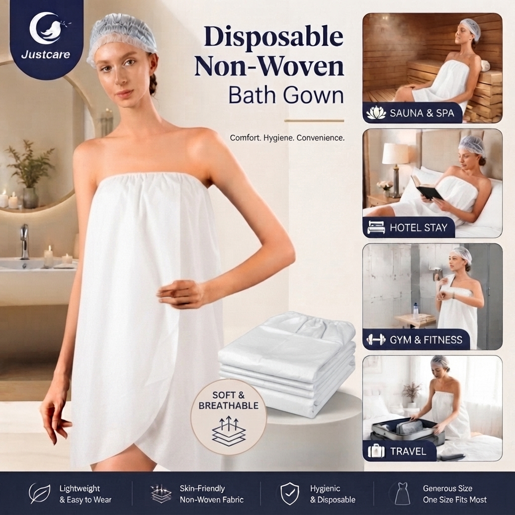 Justcare Disposable Spunlace Non‑Woven Bath Gown, one size fits most for spa sauna hotel travel gym