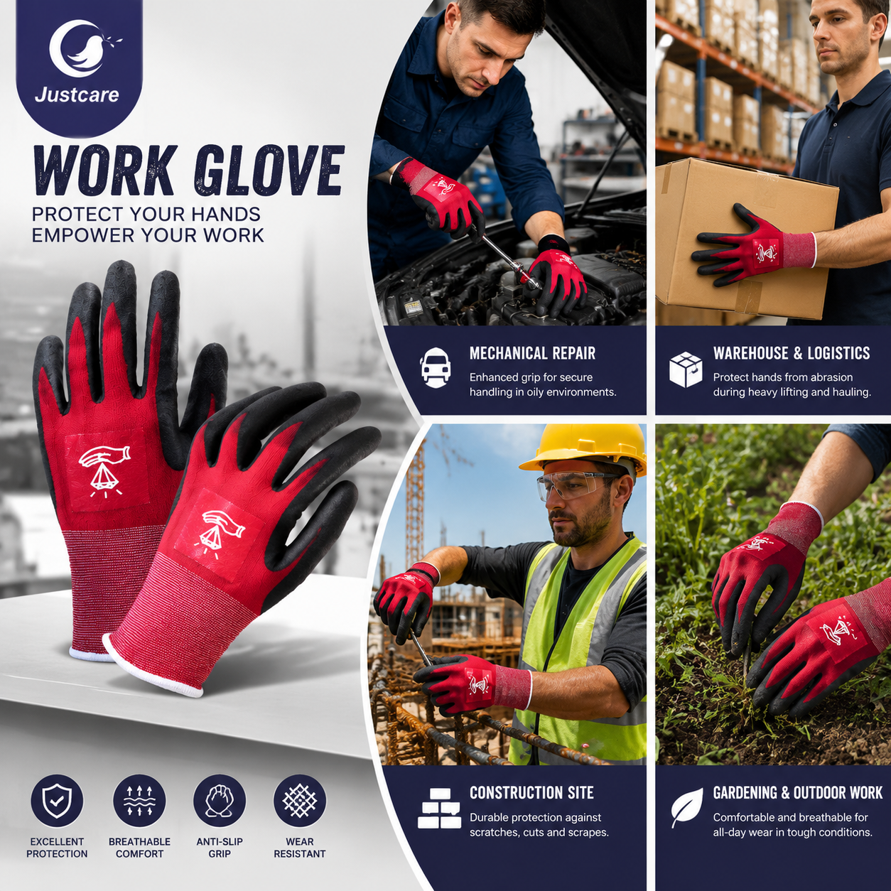 Justcare work gloves multi‑application poster, for mechanical repair, warehouse logistics, construction, gardening work
