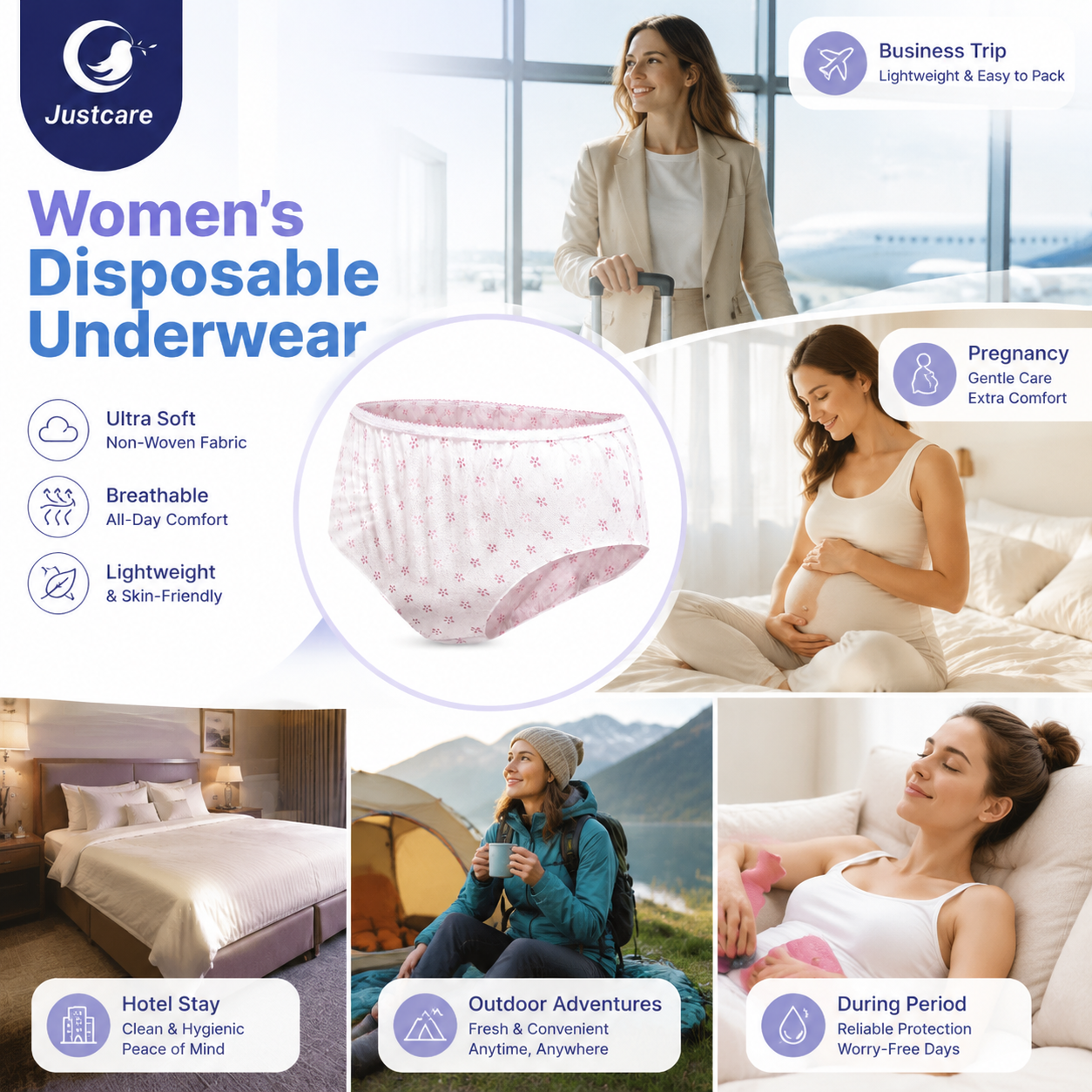 justcare women's disposable underwear multi‑usage scene collage, for travel, pregnancy, hotel stay, outdoor camping