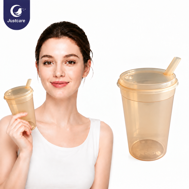Justcare medical sip cup with spout lid model demo, anti‑choking drinking cup for seniors and patients