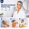 Justcare machine‑produced LDPE shower cap infographic, waterproof multi‑scenarios for bath hair‑treatment housework