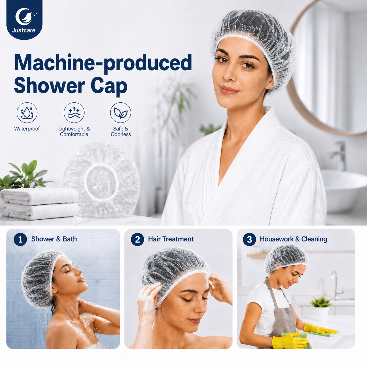 Justcare machine‑produced LDPE shower cap infographic, waterproof multi‑scenarios for bath hair‑treatment housework
