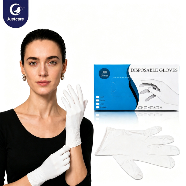 Justcare disposable latex gloves A+ infographic, features, specs and wide application scenarios for household and commercial use