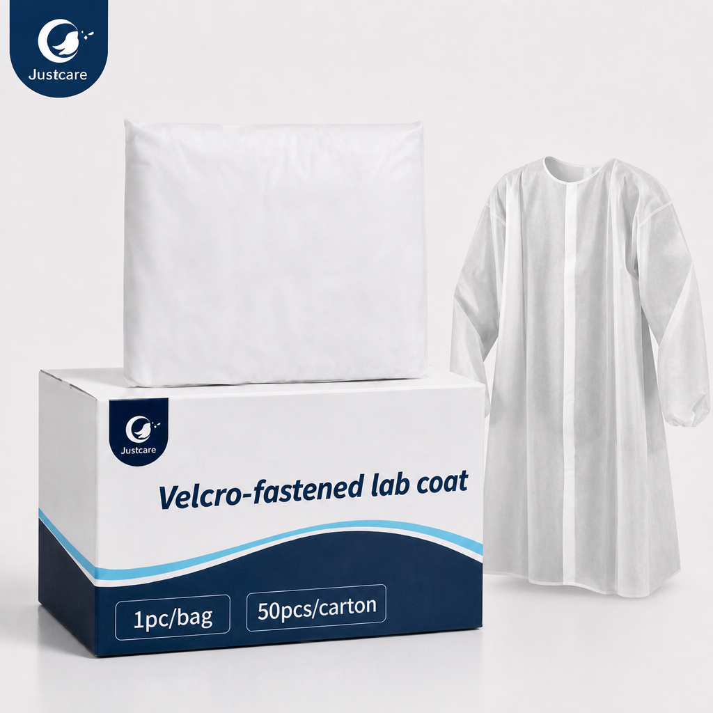 Justcare Velcro‑fastened lab coat, individual bag packing, 50 pcs per carton, disposable lab coat package display