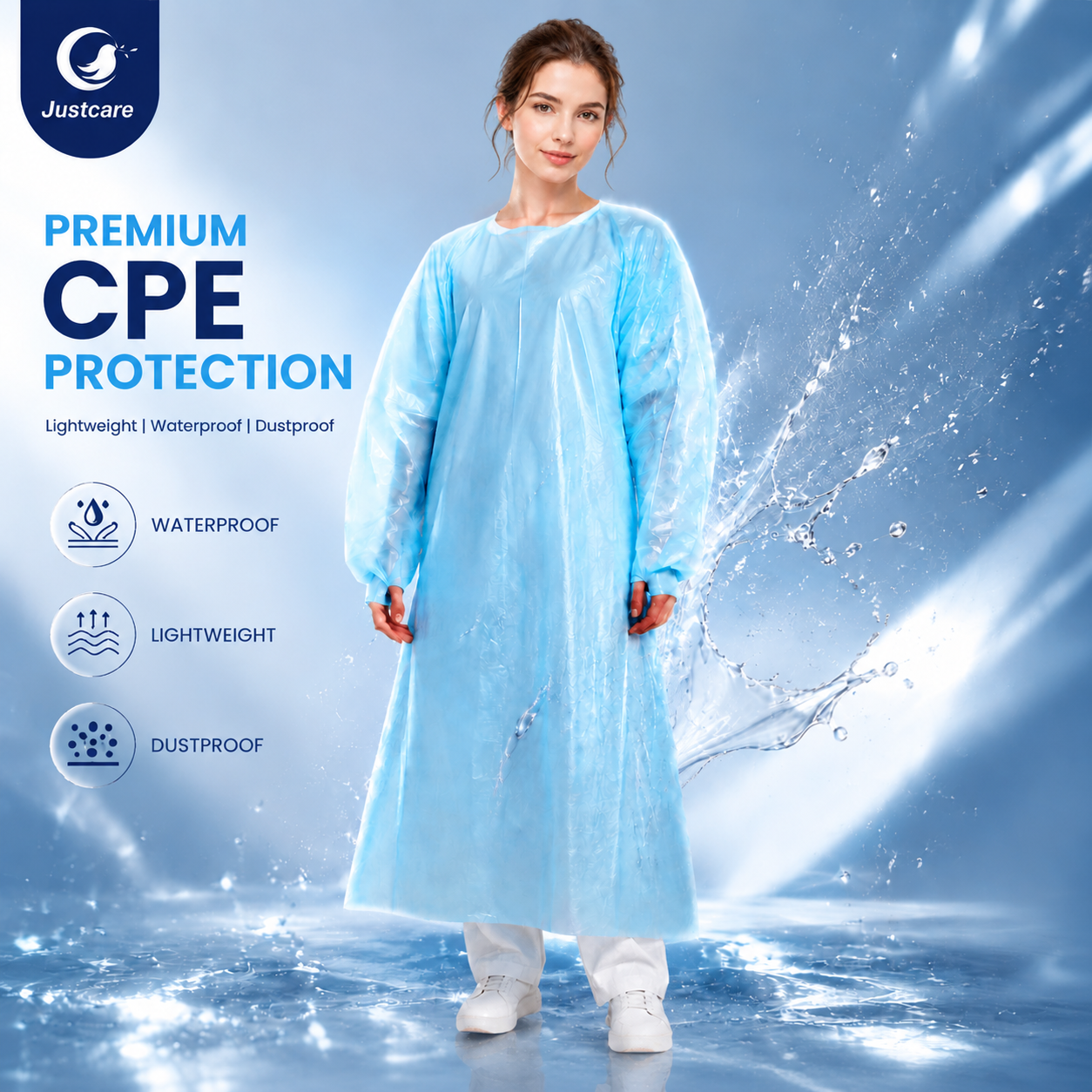 Justcare disposable CPE gown, waterproof dust‑proof protective isolation gown, long sleeve full‑body medical safety gown for hospital salon examination