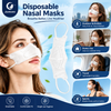 Justcare disposable nasal mask infographic showing application scenarios: outdoor, home, travel, sports