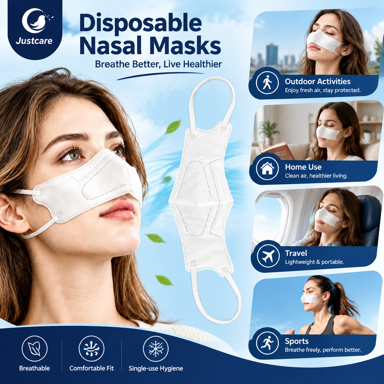 Justcare disposable nasal mask infographic showing application scenarios: outdoor, home, travel, sports