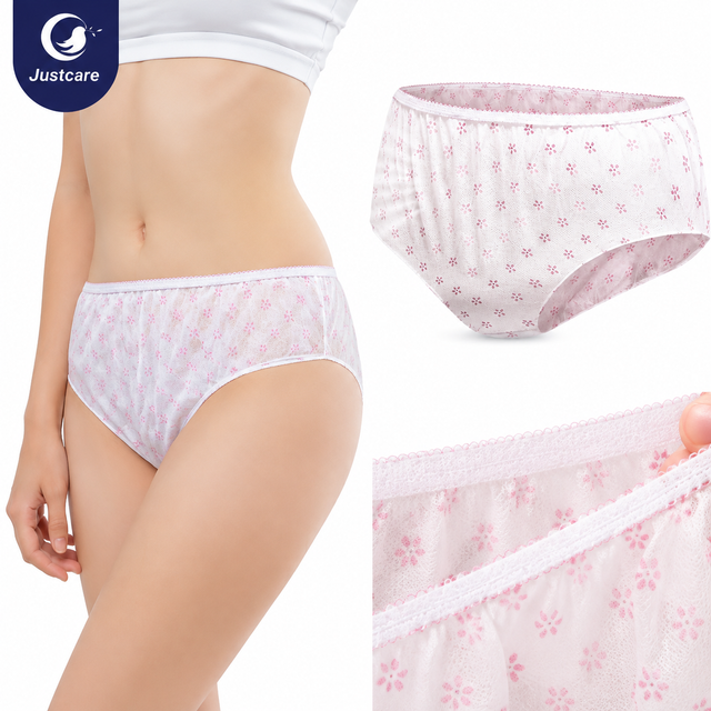 justcare 女性用使い捨て下着のインフォグラフィック、柔らかく通気性のある不織布パンティー、サイズ表、使用シナリオおよび製品仕様
