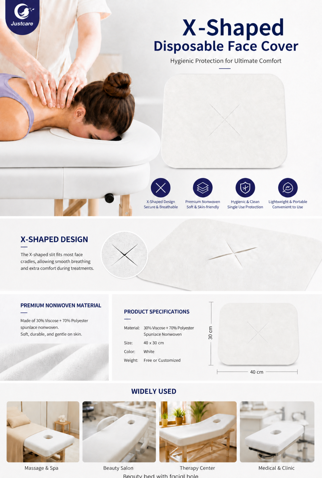 justcare‑X-shaped disposable‑spunlace‑pillow‑cover‑spec‑poster‑spa‑clinic‑applications