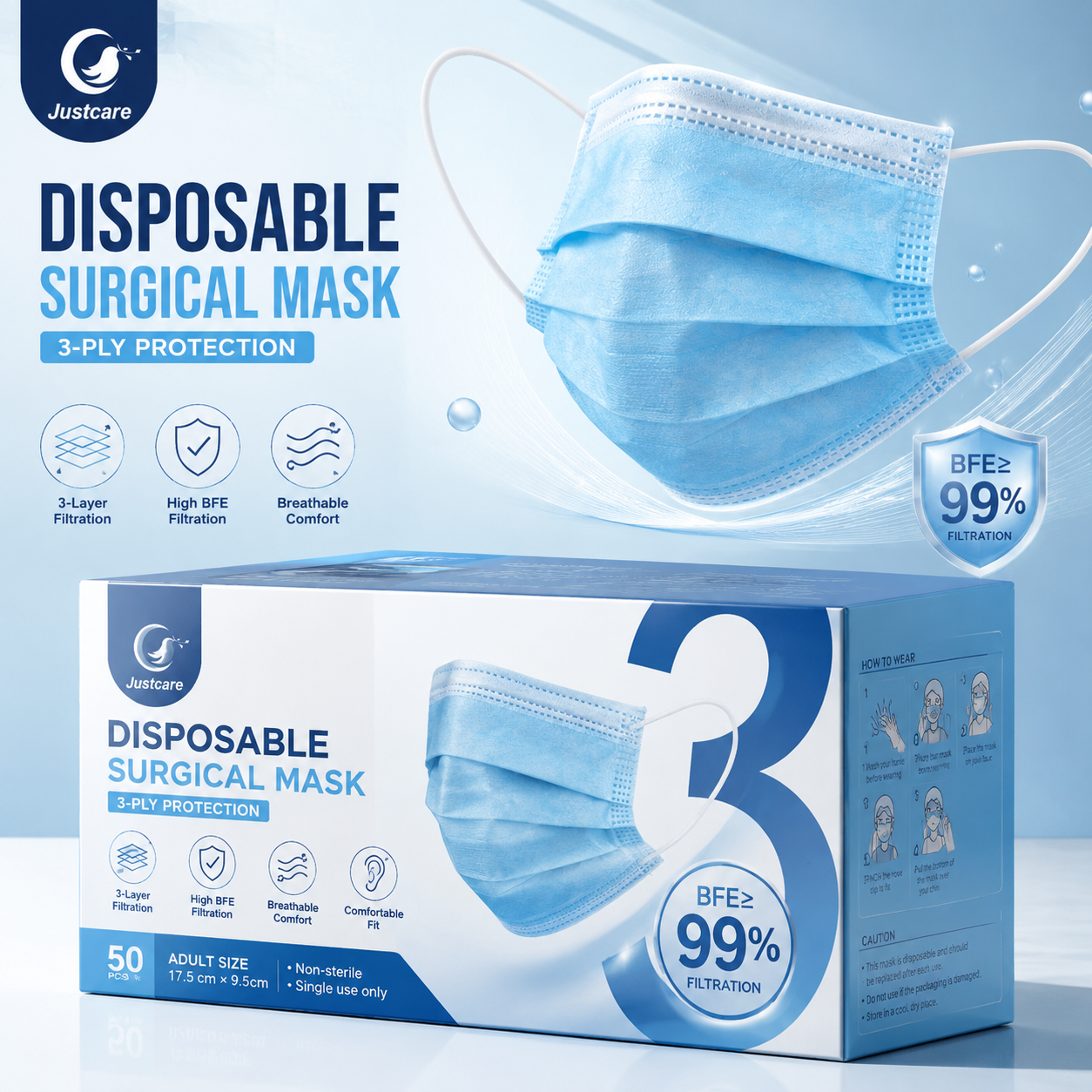 Mascarilla desechable con gancho para las orejas de 3 capas, cubierta facial suave de material no tejido a prueba de polvo