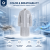 Justcare Unisex Disposable Zipper Lab Coat, full‑body model shot, white non‑woven lab coat with pockets elastic cuffs