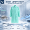 Justcare snap‑fastened lab coat specification infographic, material, color, size, weight and multi‑industry applications