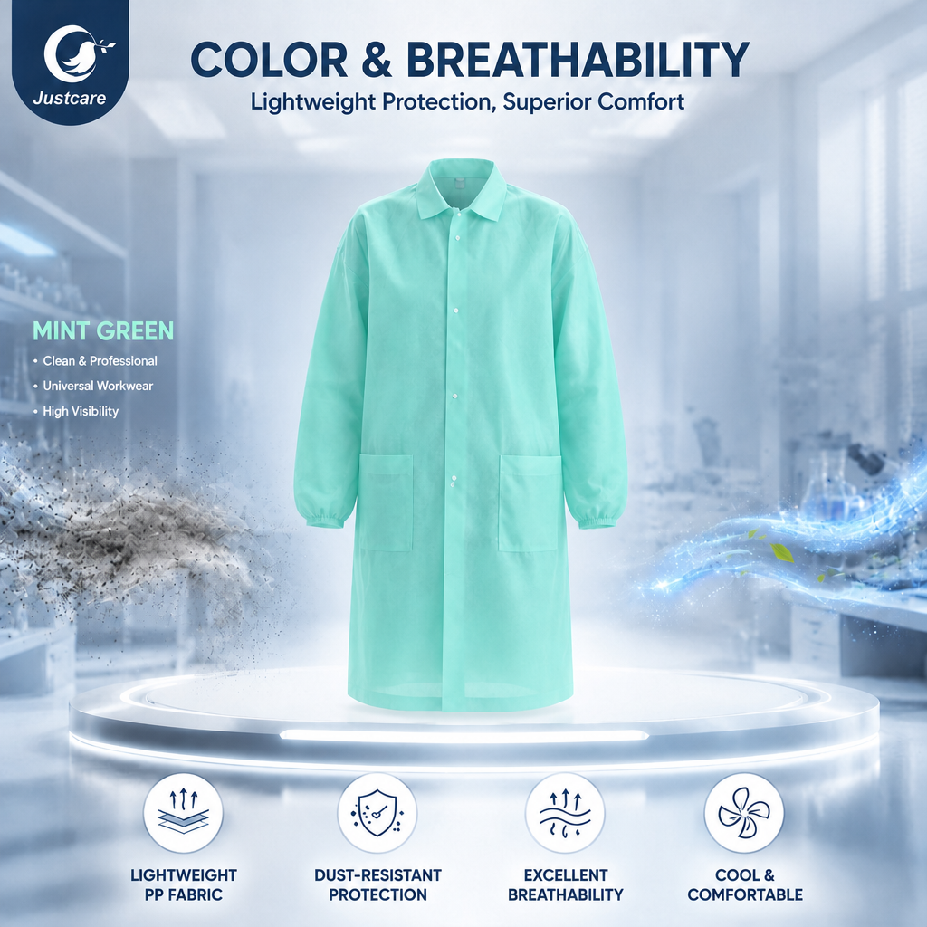 Justcare snap‑fastened lab coat specification infographic, material, color, size, weight and multi‑industry applications