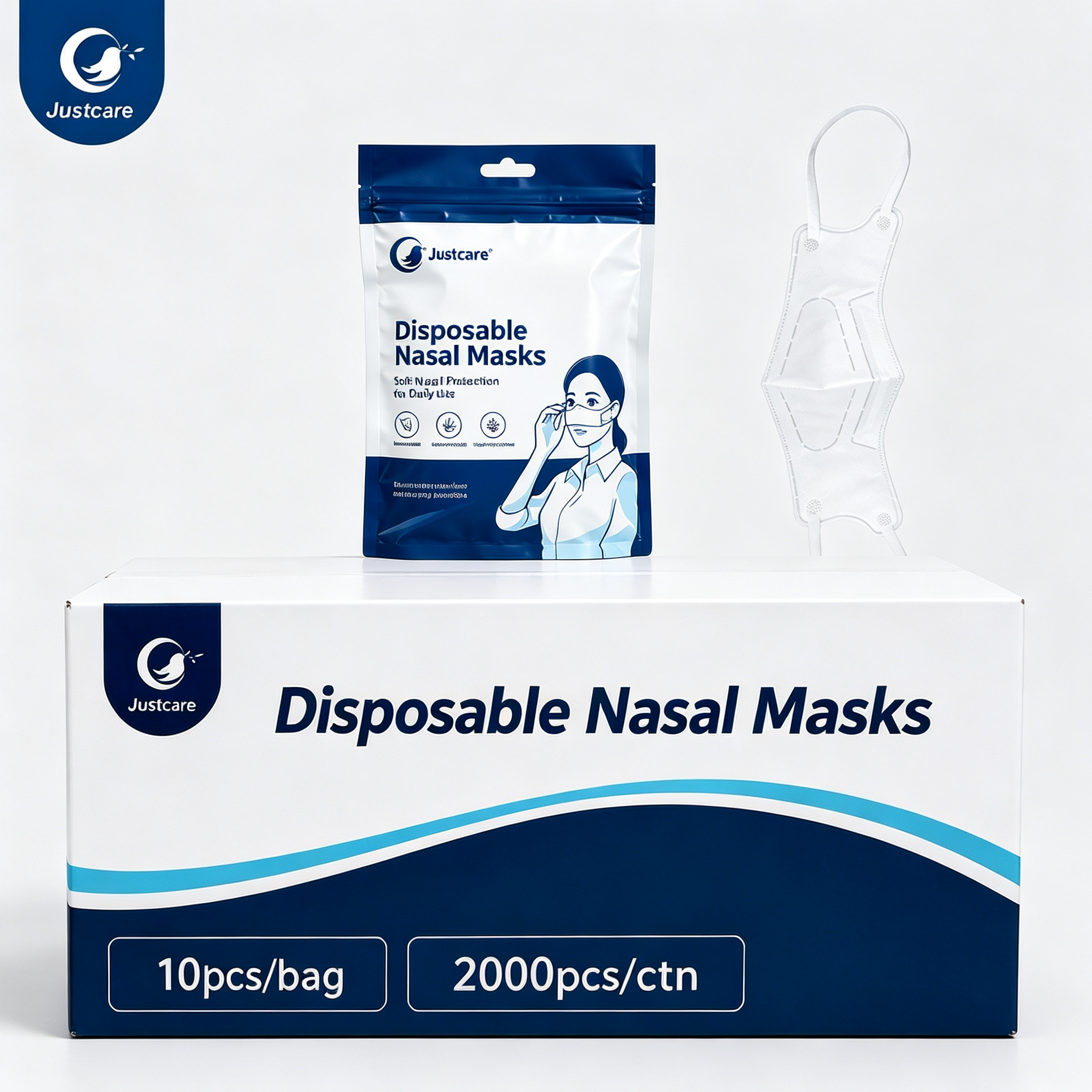 Justcare disposable nasal mask bulk carton and retail bag packaging, 10pcs per bag, 2000pcs per carton