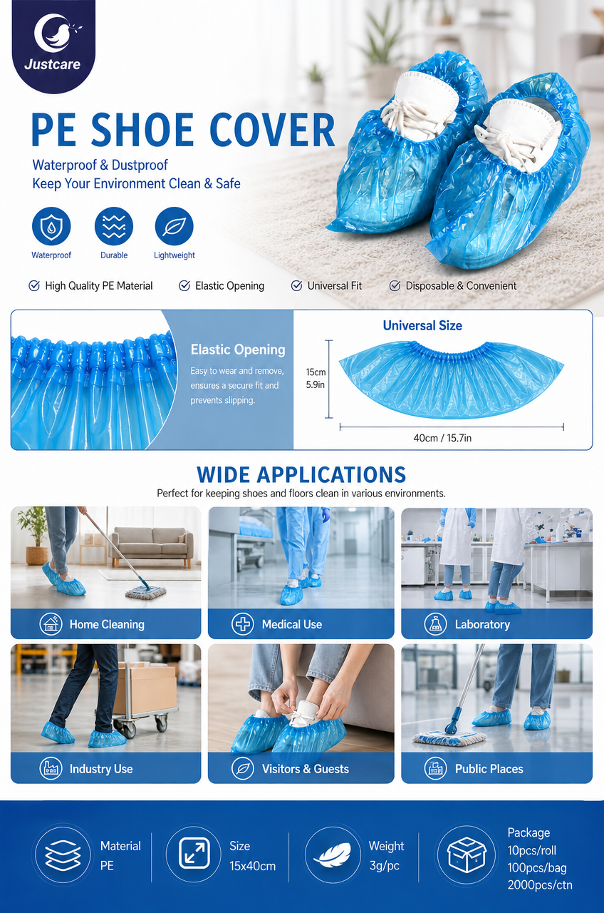 Justcare JC-P089 PE Shoe Cover product detail, universal size and applications