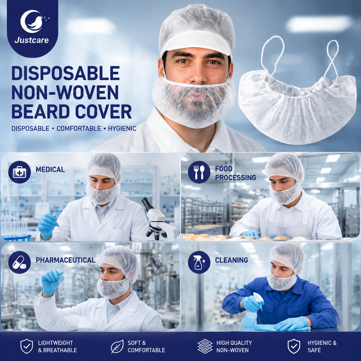 Justcare non‑woven beard cover multi‑scene usage for medical food processing pharmaceutical cleaning