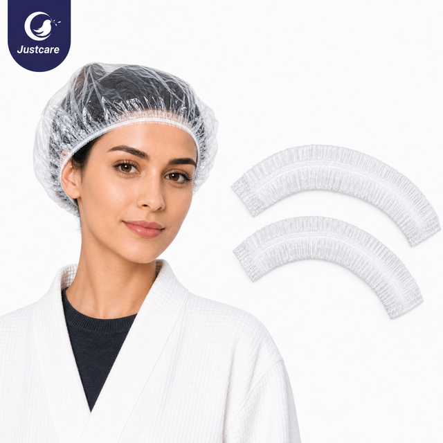 Primer plano del gorro de ducha de LDPE transparente Justcare, plano del producto plano del gorro de ducha desechable producido a m&aacute;quina