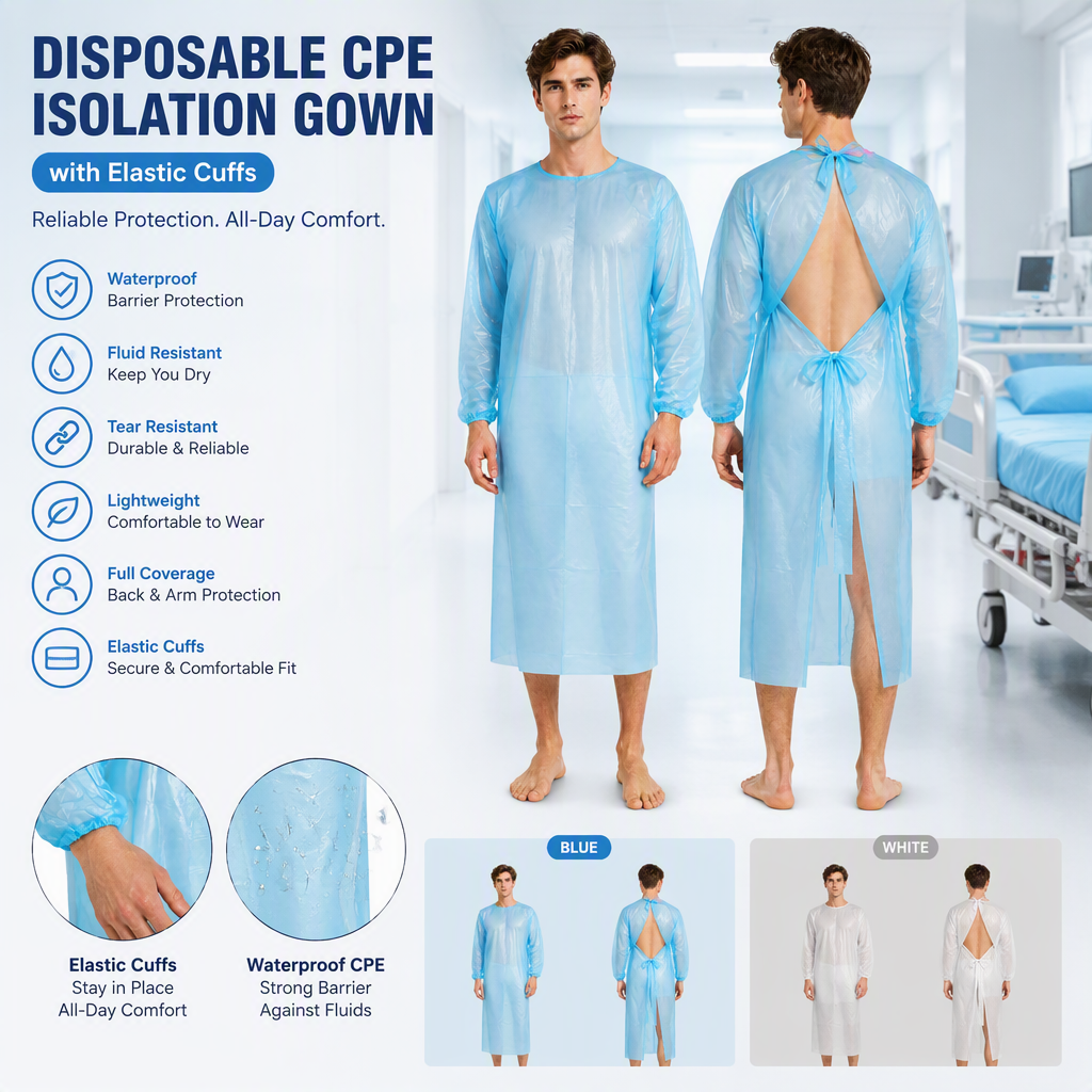 Disposable CPE Isolation Gown with Elastic Cuffs