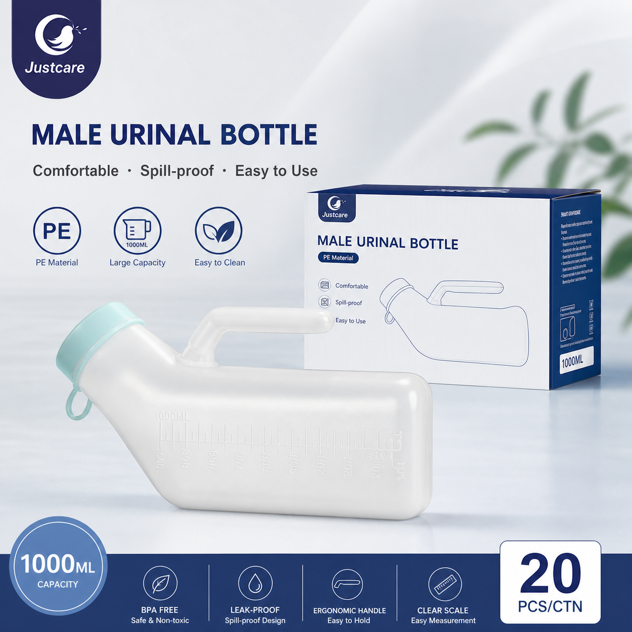 漏れ防止男性用小便器、医療用軽量プラスチック採尿装置