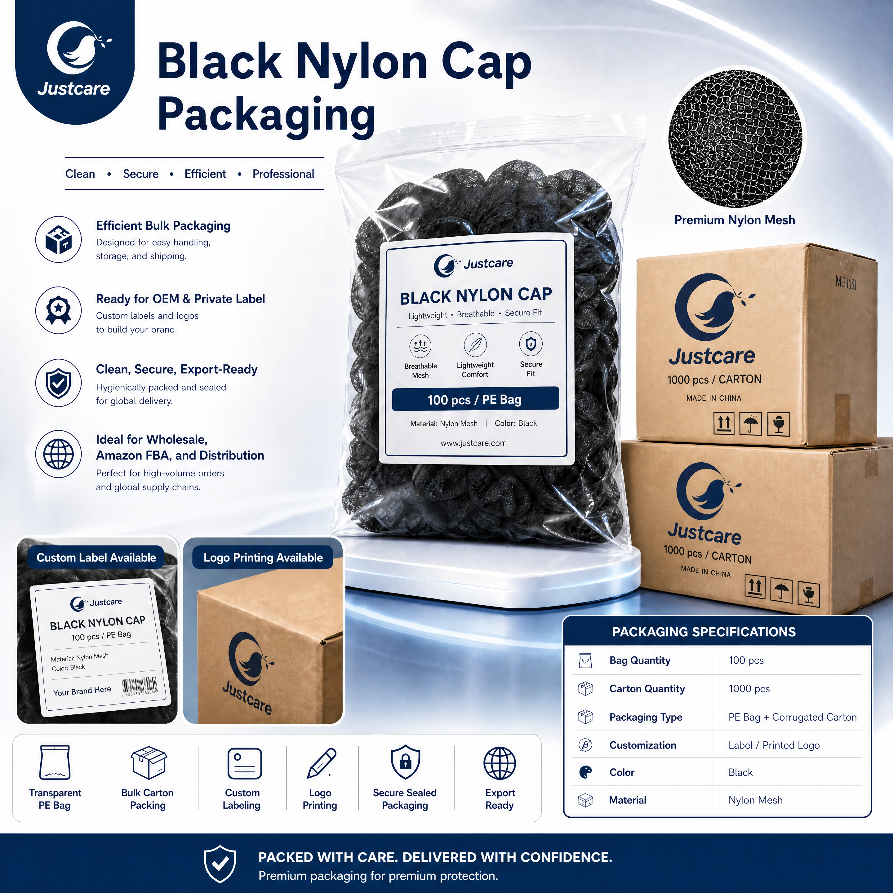 Black breathable nylon cap, simple plain design sports peaked cap
