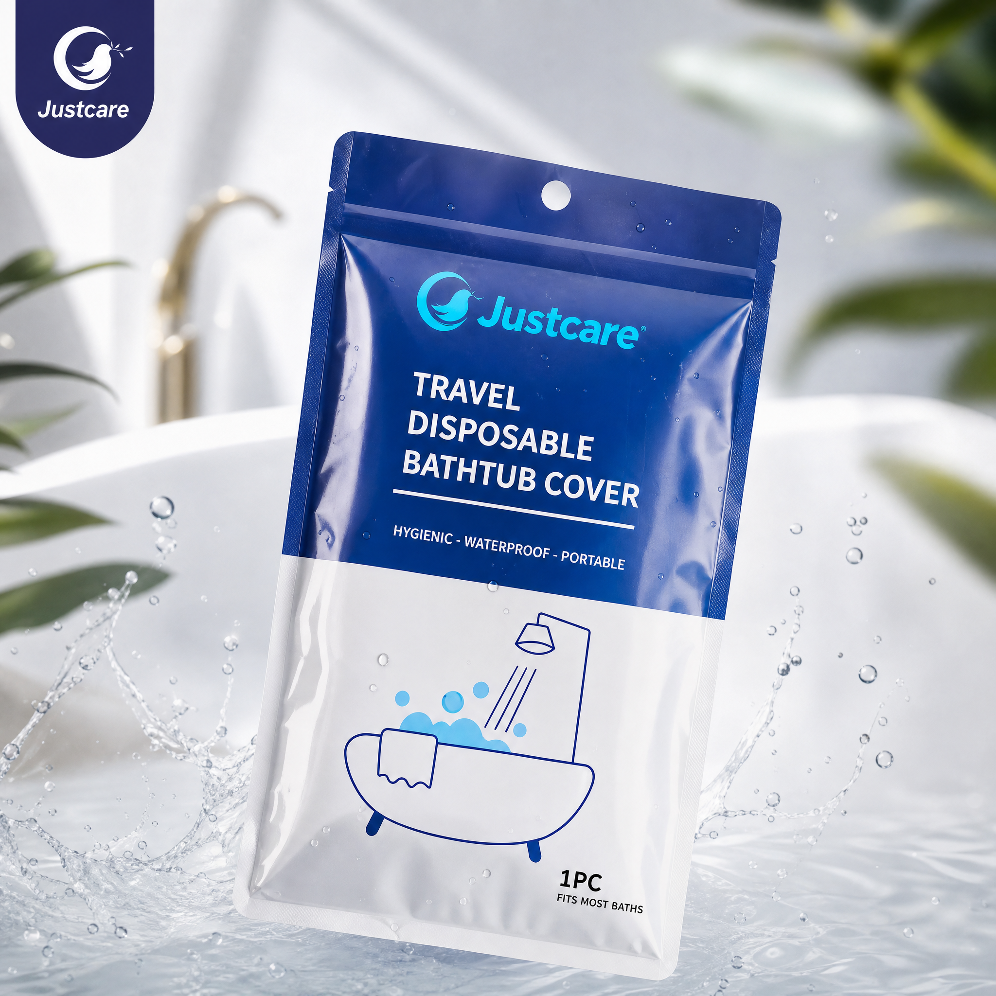 Justcare Travel Disposable Bathtub Cover single pouch closeup, waterproof portable bath liner package