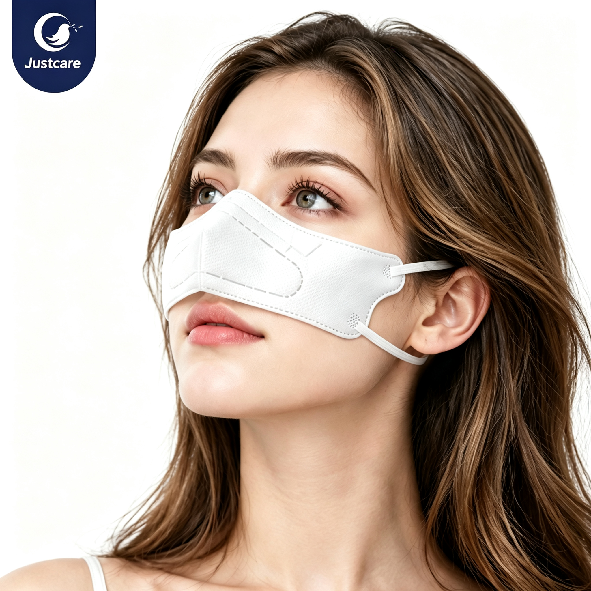 Justcare white disposable nasal mask worn by female model, 3D nose cover with elastic ear loops