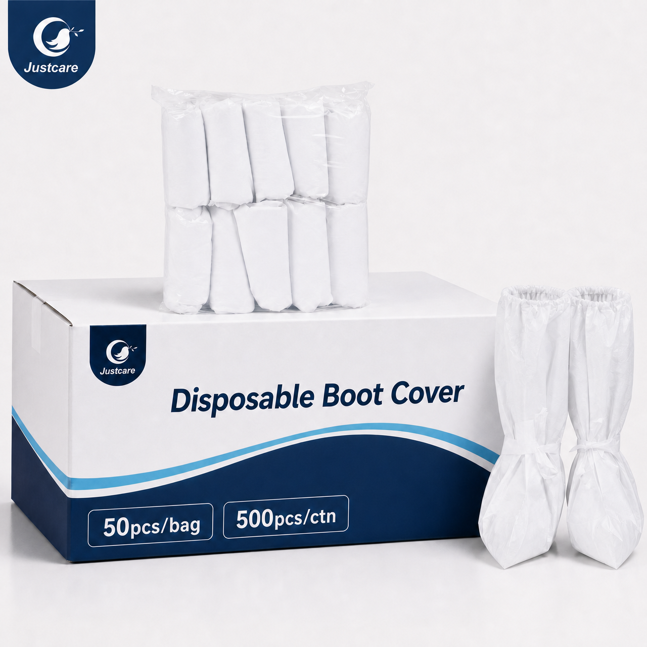 Justcare disposable boot covers bulk packaging, white boot covers next to carton box, 50pcs per bag and 500pcs per carton