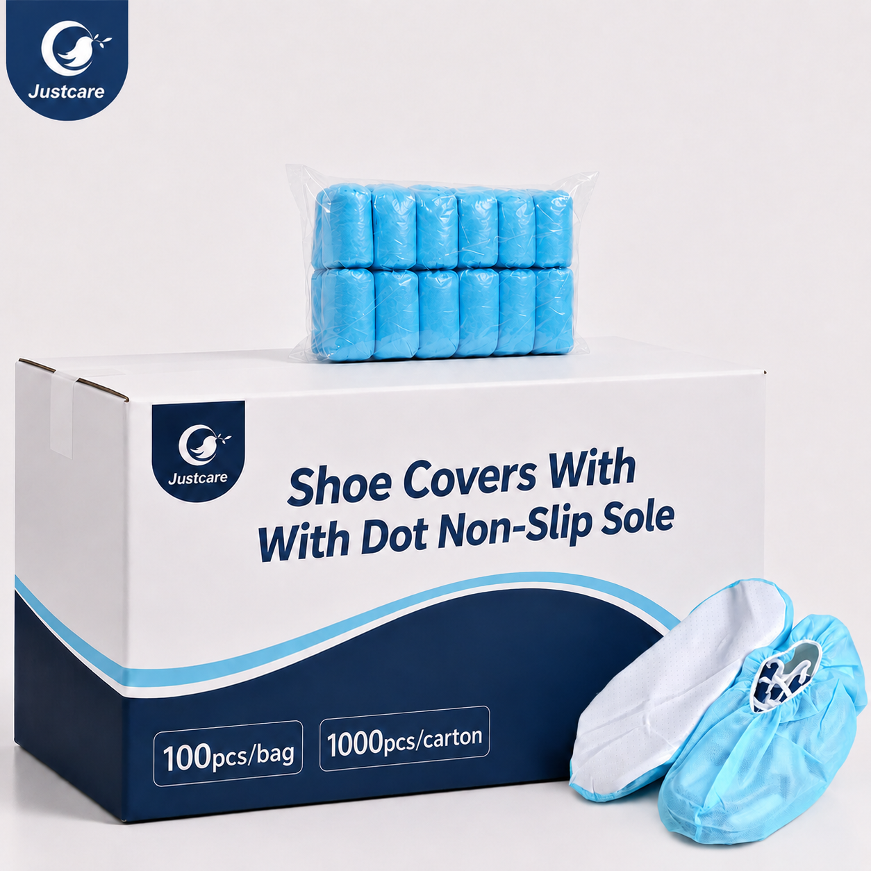 Justcare non‑slip disposable shoe covers bulk package, 100pcs per bag 1000pcs carton, PP shoe covers with dot sole, carton and retail bag display
