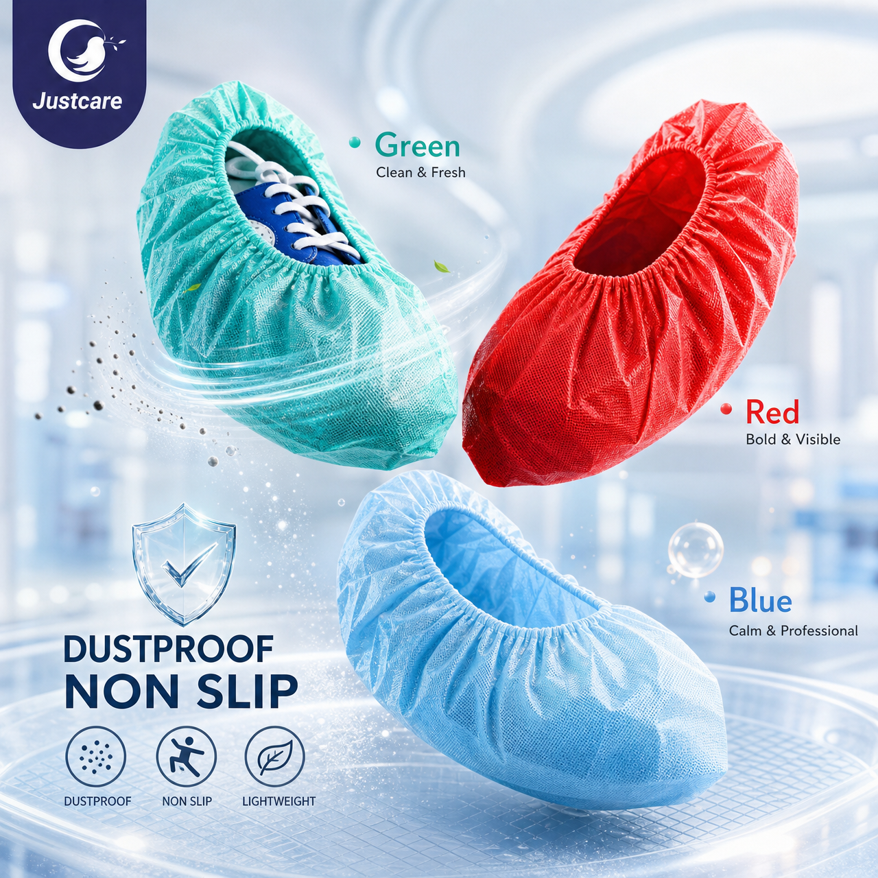 Justcare disposable PP+POE shoe covers, green red blue 3‑color floating product display