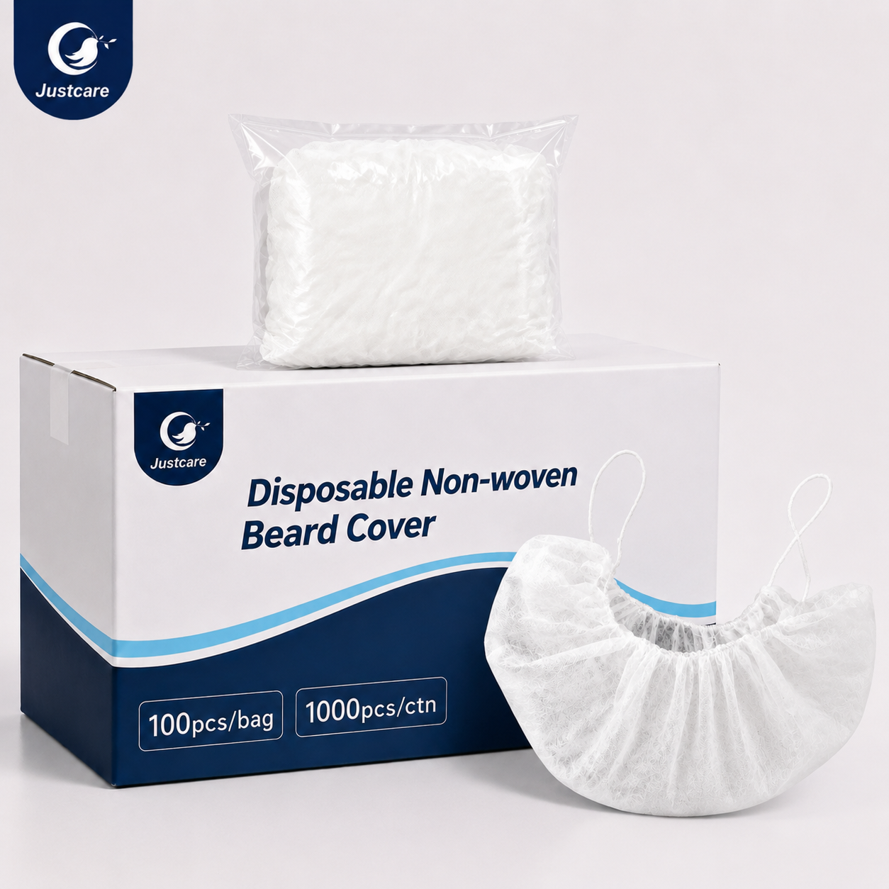 Justcare disposable non‑woven beard cover, 100pcs per bag 1000pcs per carton packaging box