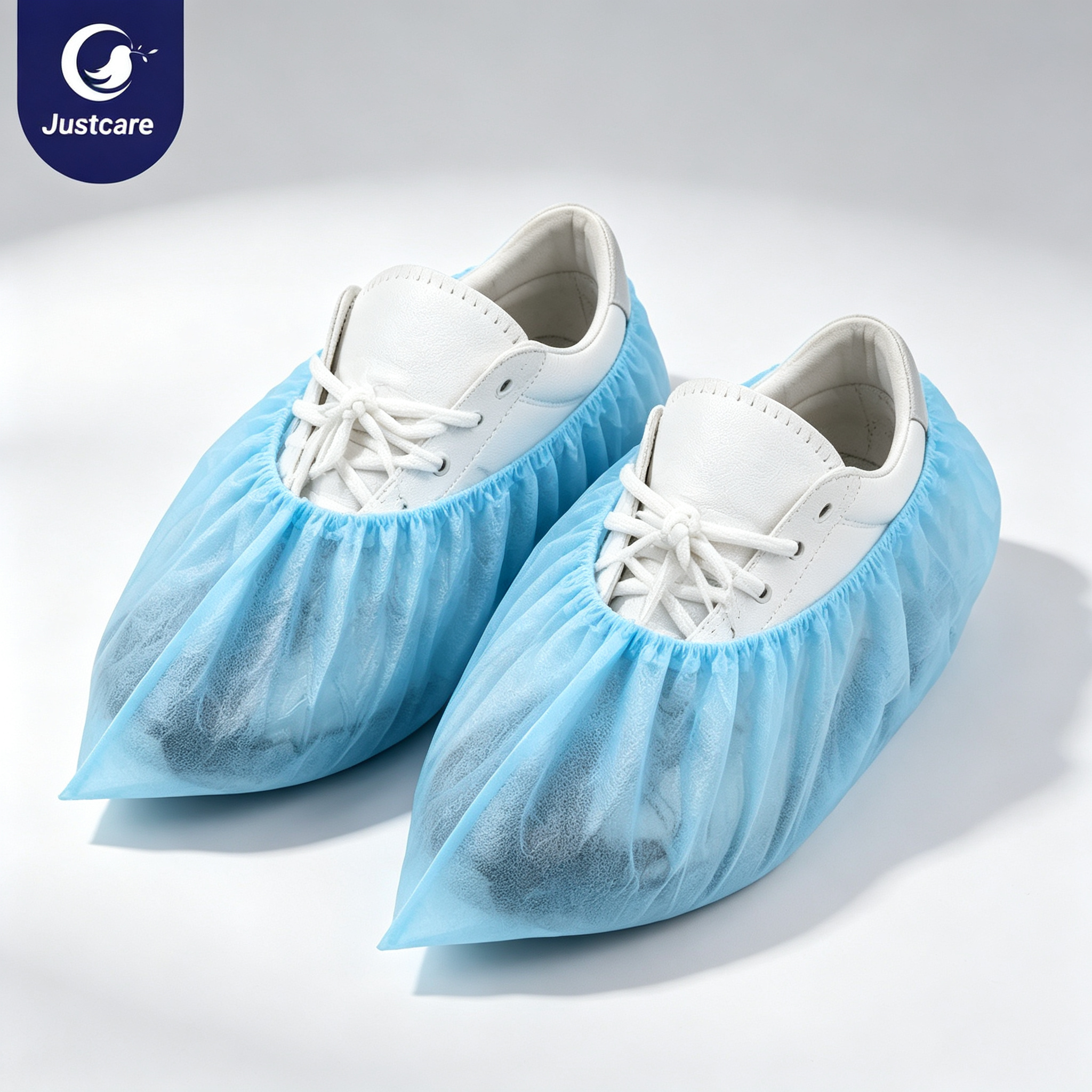 A pair of white lace-up sneakers protected by Justcare disposable blue PP non-woven shoe covers with elastic openings, displayed on a clean white background — ideal for keeping shoes and floors clean.