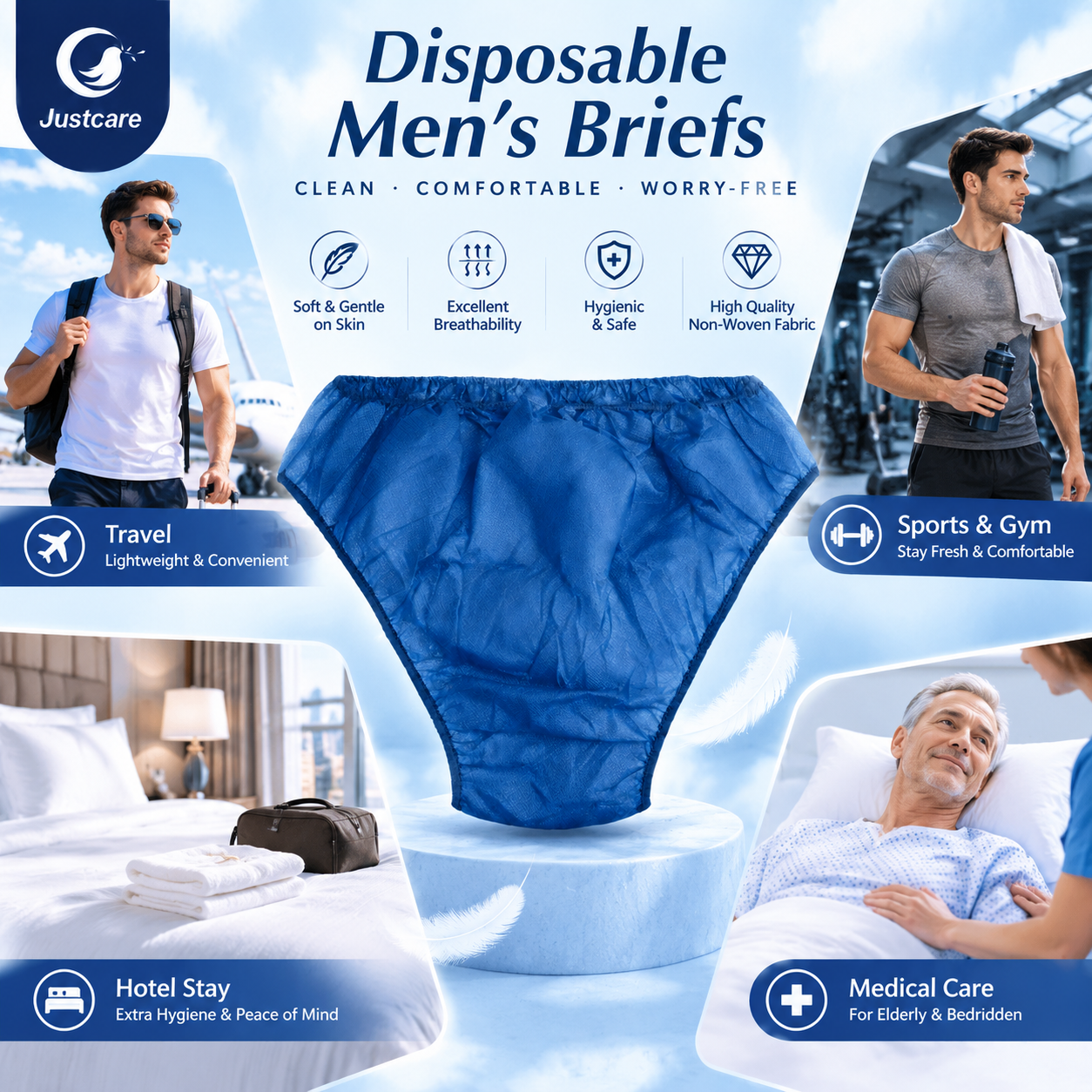 Justcare disposable men's briefs application scenes for travel, gym, hotel and medical use, non-woven disposable underwear lifestyle image