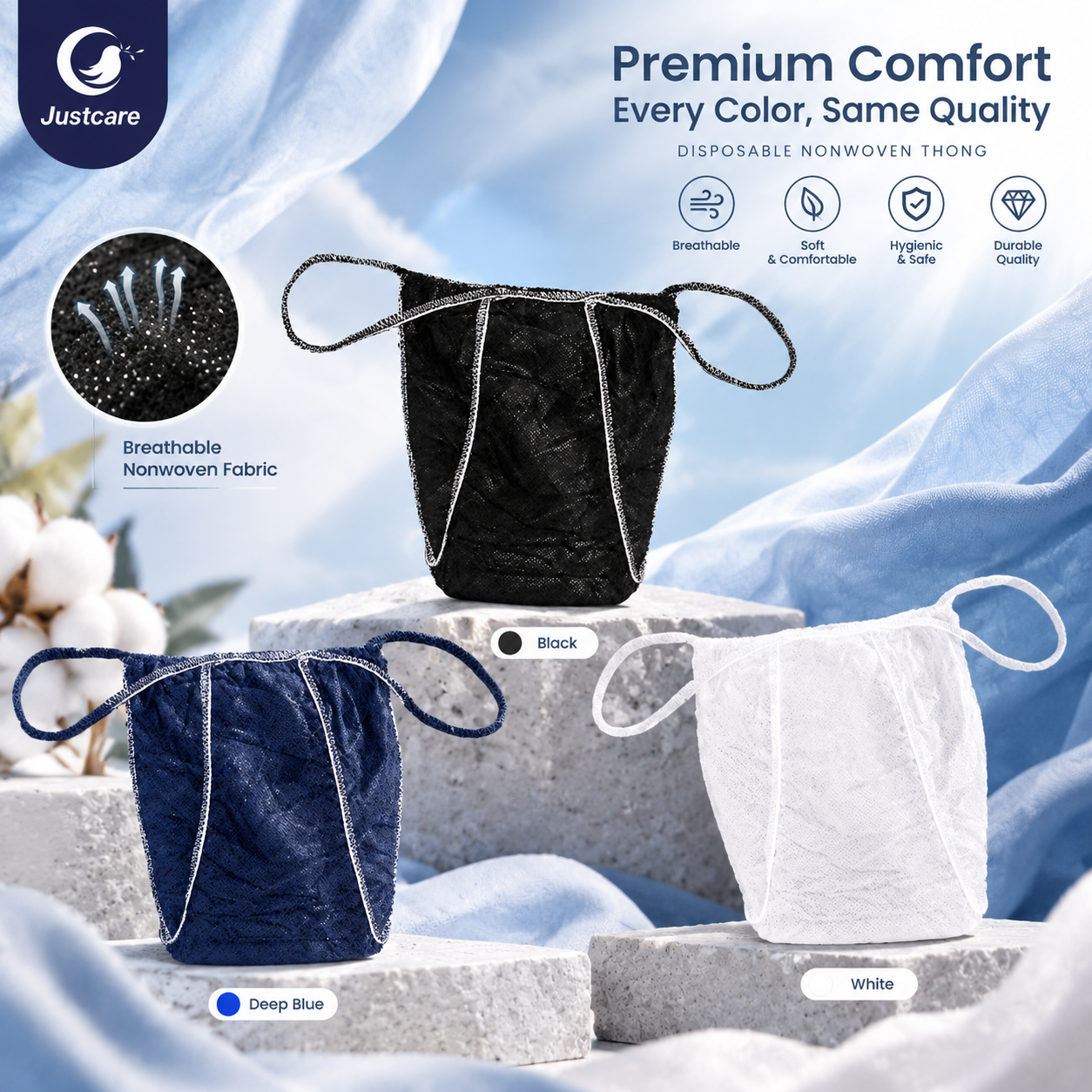 Justcare men disposable tanga underwear 3 colors: deep blue, black, white, breathable non‑woven fabric display