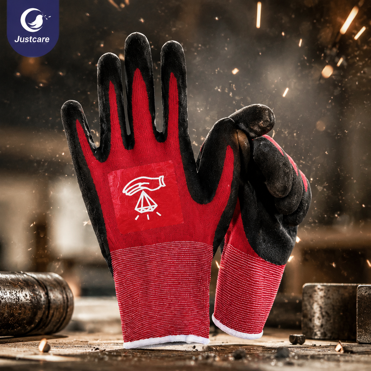 Justcare anti‑slip nitrile coated work gloves, industrial workshop scene with spark background, heavy‑duty safety gloves