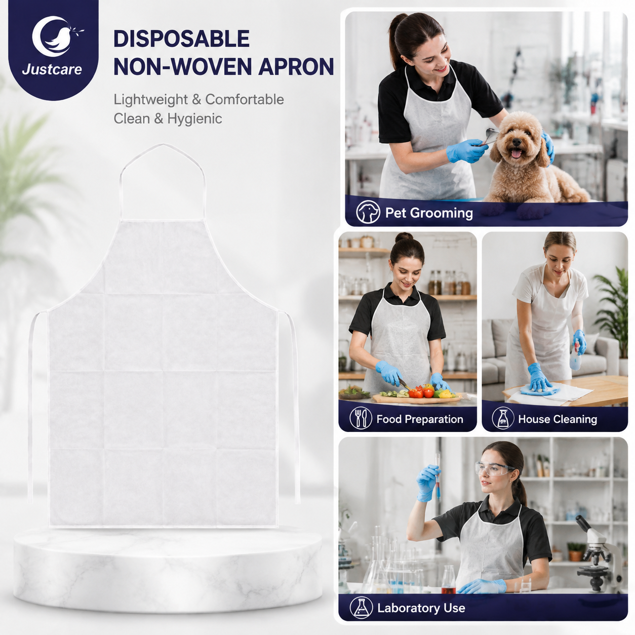 Justcare Disposable Non‑woven Apron, multi‑application scenes for salon, pet grooming, food prep, cleaning and laboratory