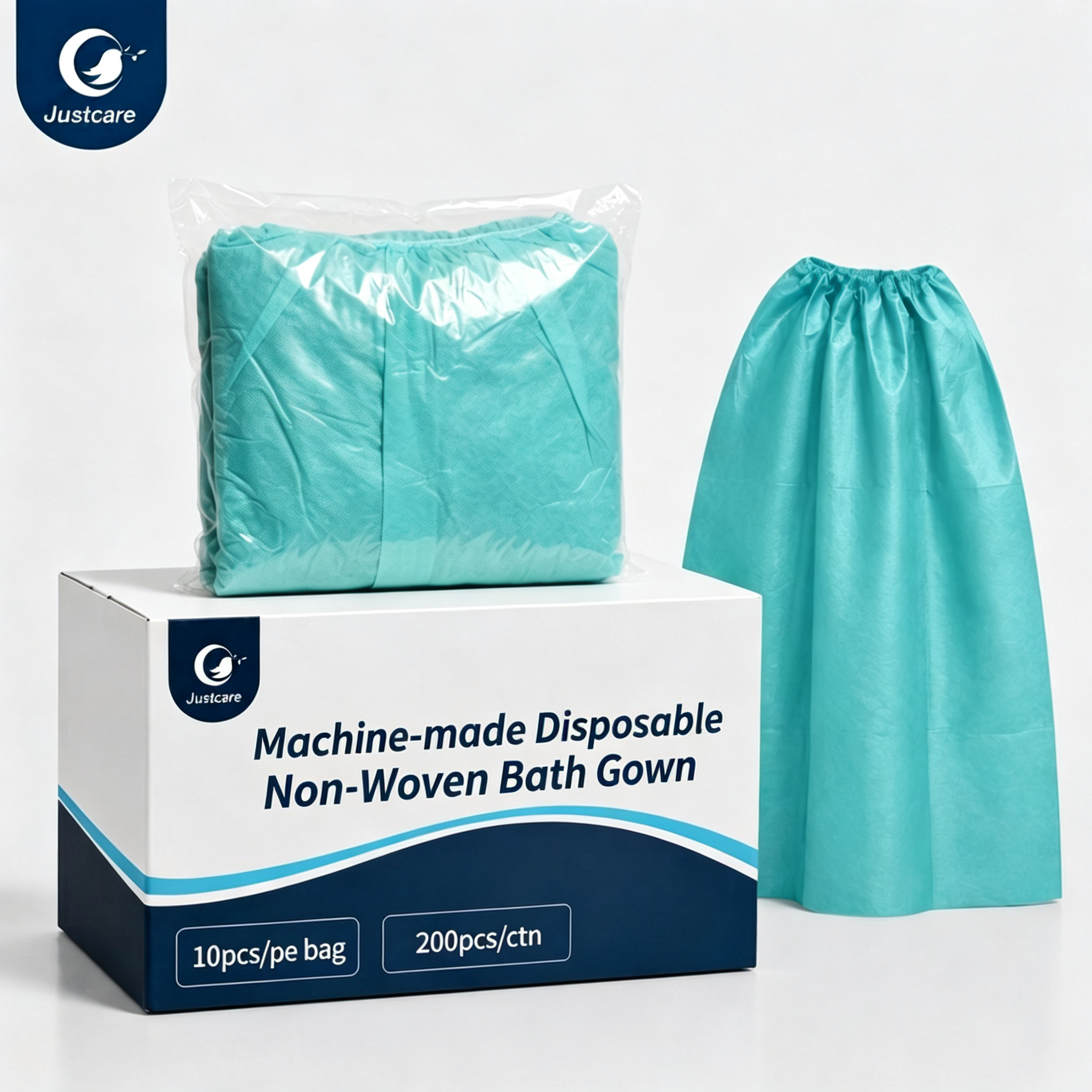 Justcare disposable non-woven bath gown product packaging display, 10pcs per bag 200pcs per carton, spa disposable wrap gown