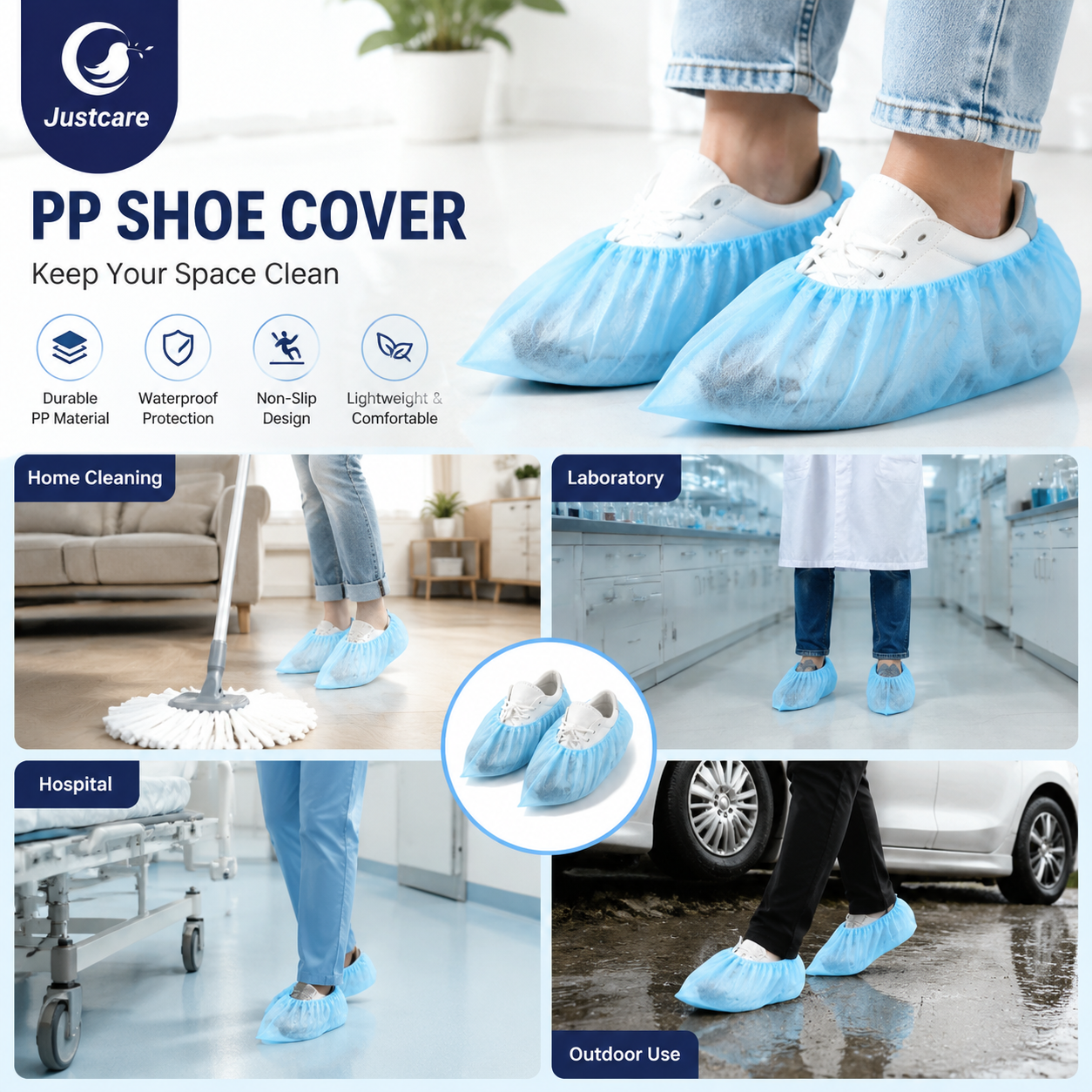 Justcare disposable PP shoe cover showcase highlighting durable PP material, non-slip design and lightweight comfort, with application scenes for home cleaning, laboratory, hospital and outdoor use, plus a close-up of a shoe wearing the blue shoe cover.