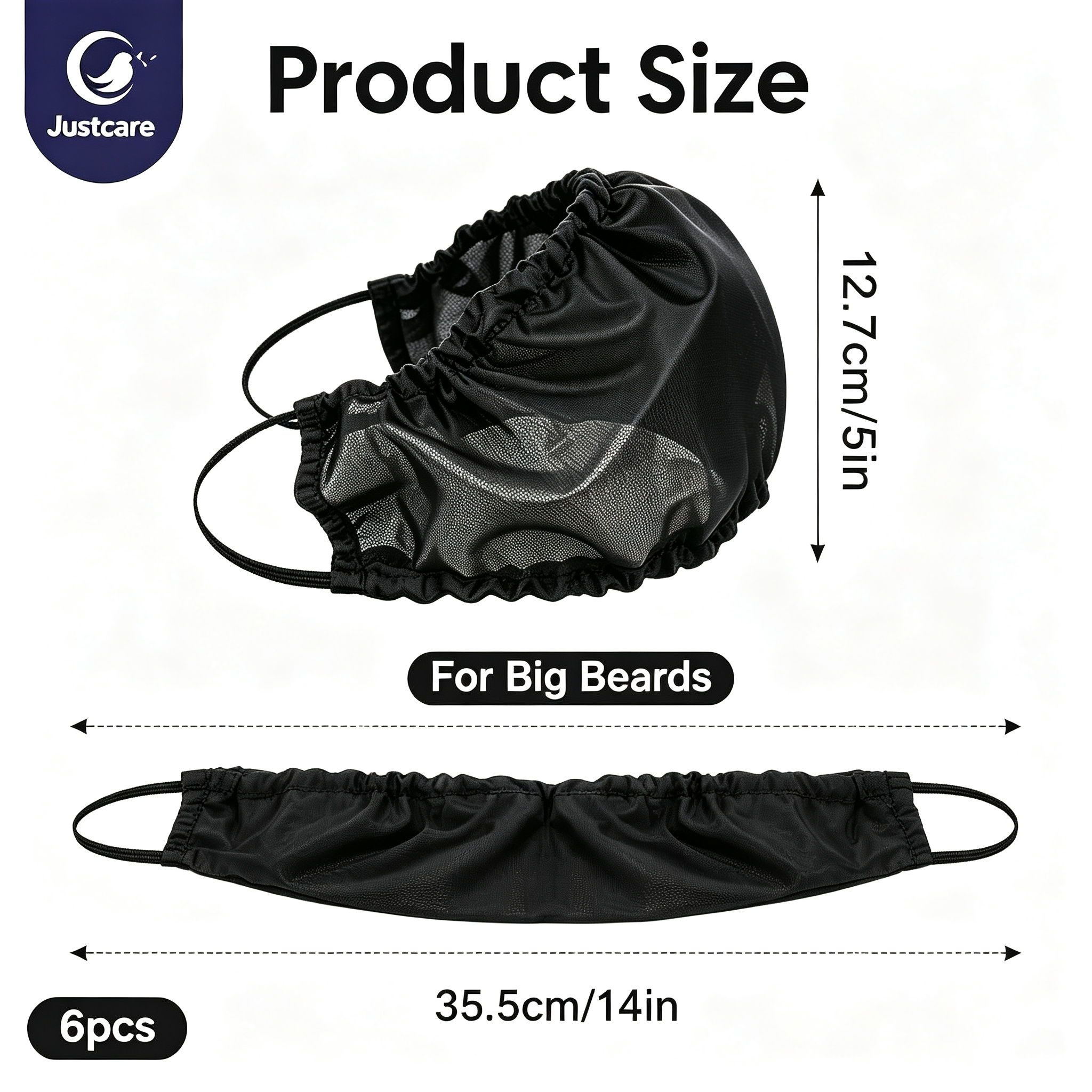 Justcare polyester beard cover size chart, measurement diagram for reusable black facial hair guard for big beards