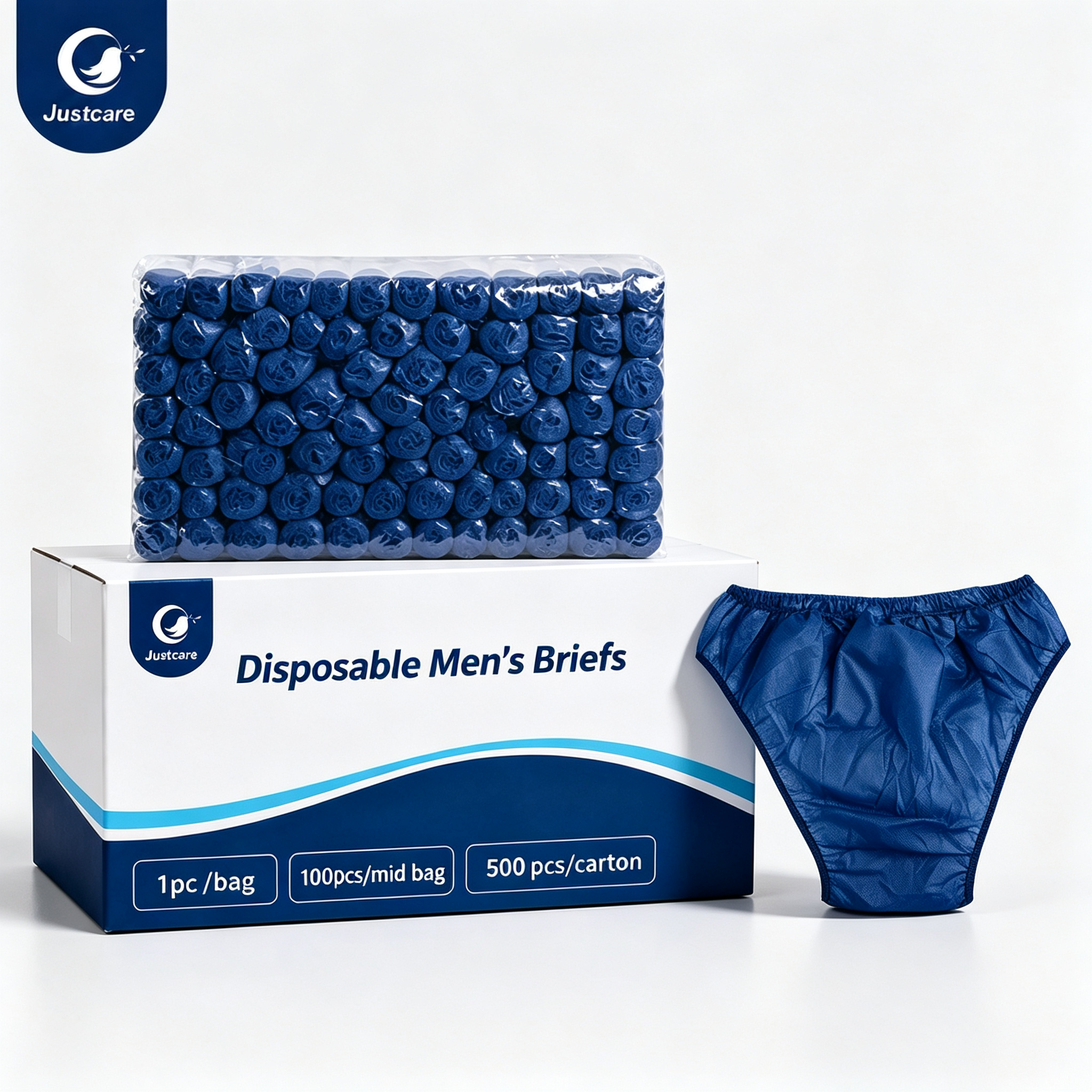Justcare disposable men's briefs packaging carton, deep blue non-woven briefs in transparent bag on box, studio white background, bulk packing details