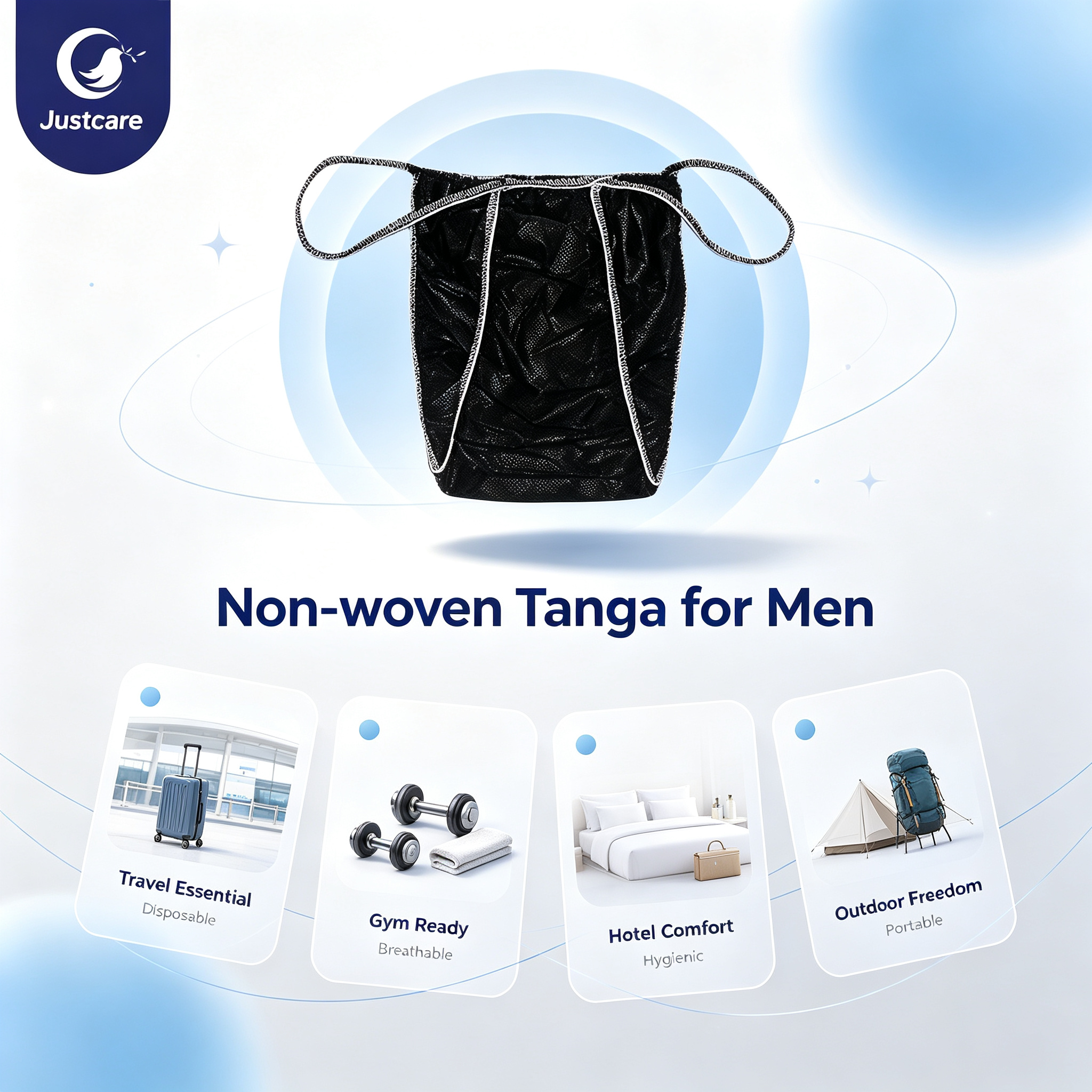 Justcare men disposable non‑woven tanga underwear, black single‑use thong, detailed view on plain white background