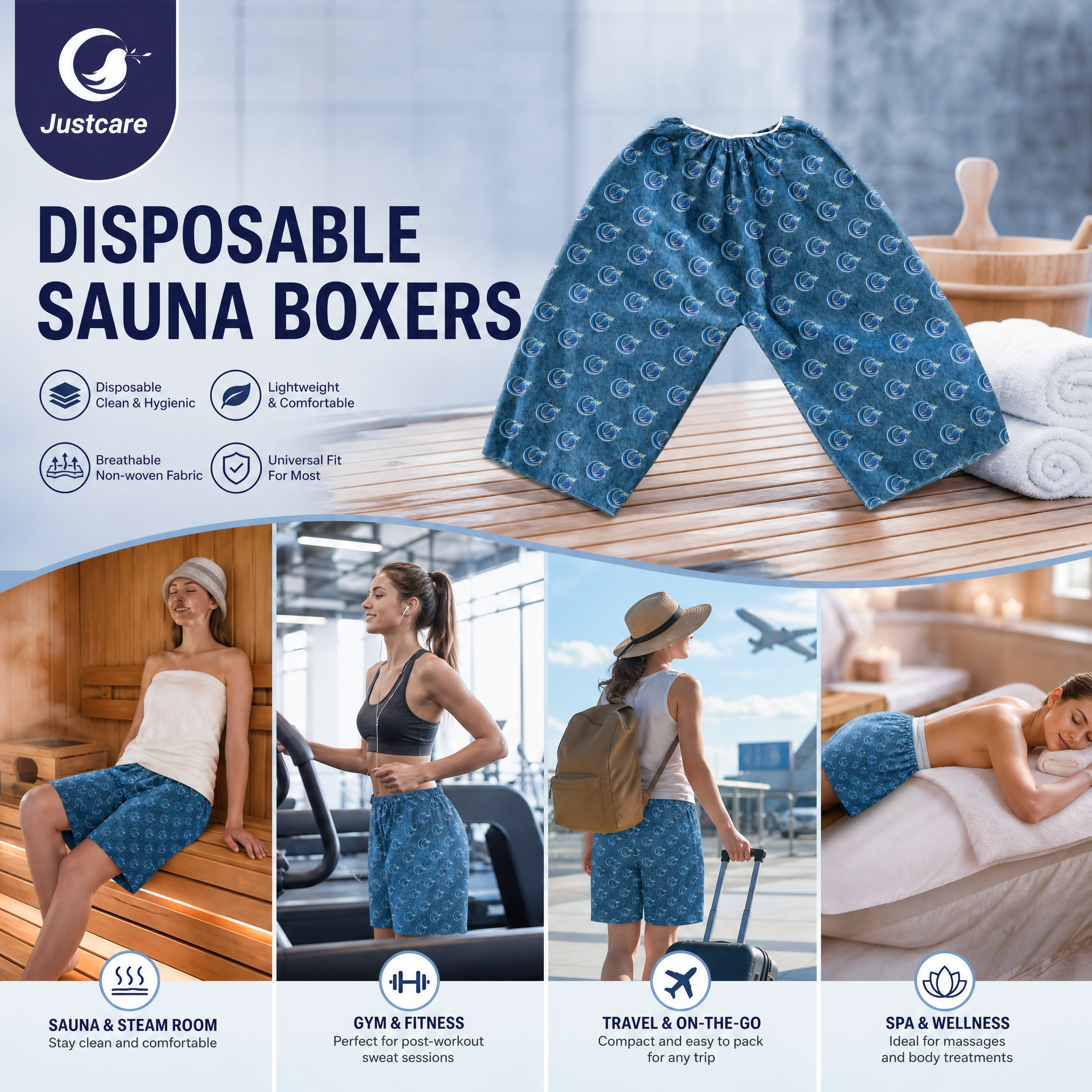 Justcare disposable sauna boxers multi‑scene collage, for sauna spa massage gym travel hotel