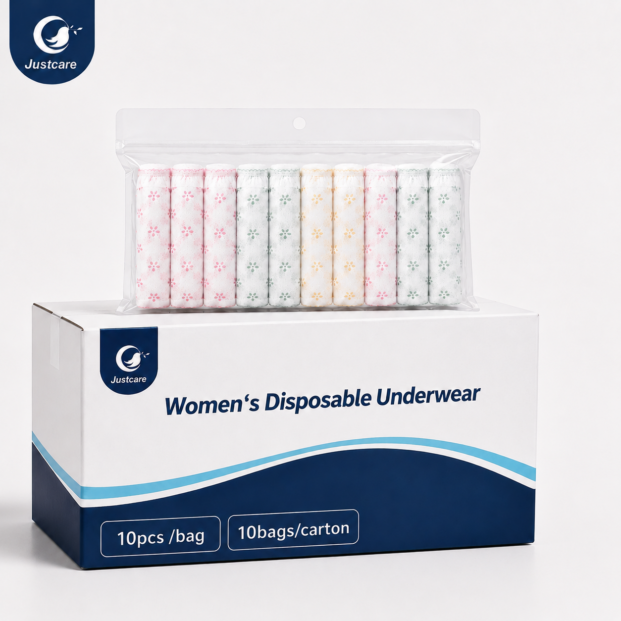 justcare disposable women underwear package display, individual rolled panties in bag and carton box