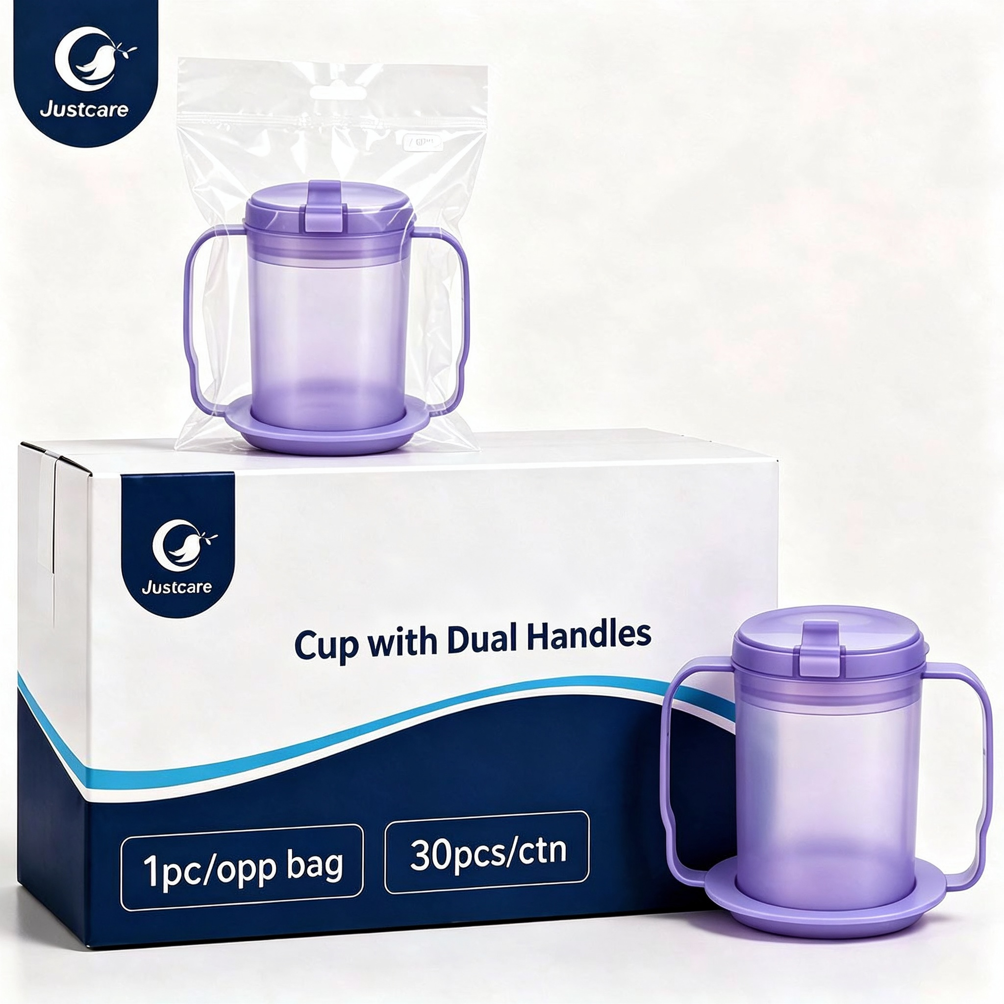 Justcare Cup with Dual Handles, 250ml purple medical sip cup packaging box, 1pc per opp bag, 30pcs per carton