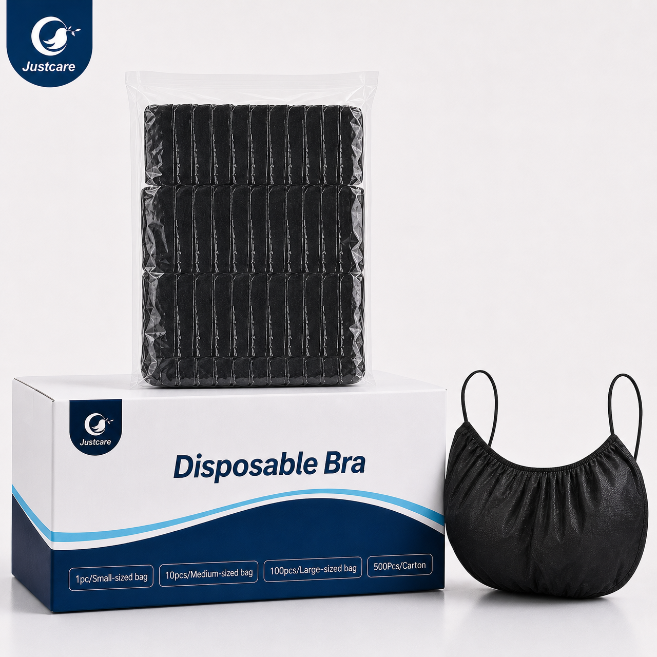 Justcare disposable bra for women specs infographic, non‑woven PP single‑use bra with size material and packaging options